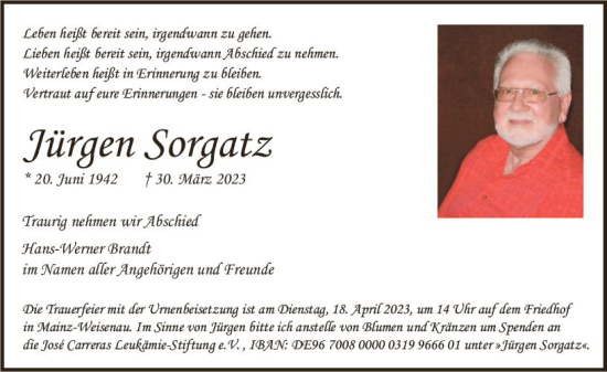 Traueranzeige von Jürgen Sorgatz von Allgemeine Zeitung Mainz