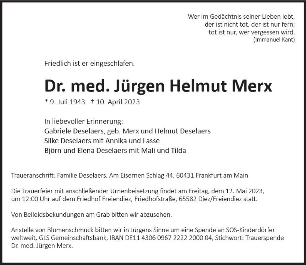  Traueranzeige für Jürgen Helmut Merx vom 29.04.2023 aus Wiesbadener Kurier