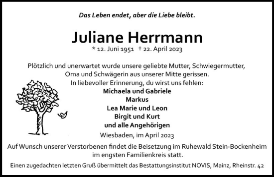 Traueranzeige von Juliane Herrmann von Allgemeine Zeitung Alzey