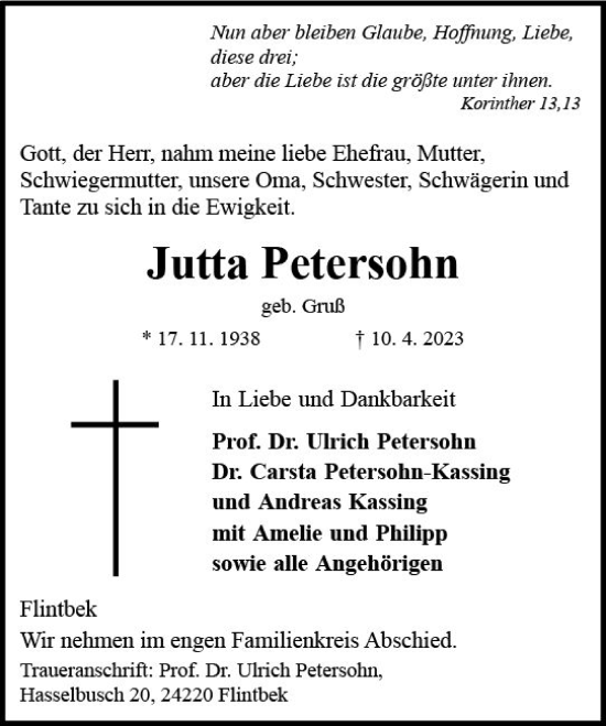 Traueranzeige von Jutta Petersohn von Darmstädter Echo