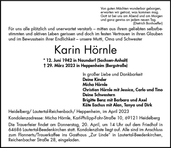 Traueranzeige von Karin Hörnle von Starkenburger Echo