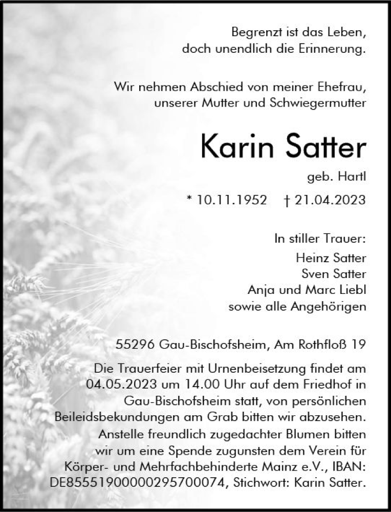  Traueranzeige für Karin Satter vom 29.04.2023 aus Allgemeine Zeitung Mainz