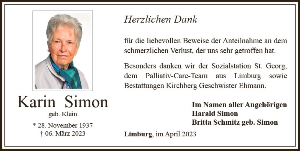  Traueranzeige für Karin Simon vom 08.04.2023 aus Nassauische Neue Presse