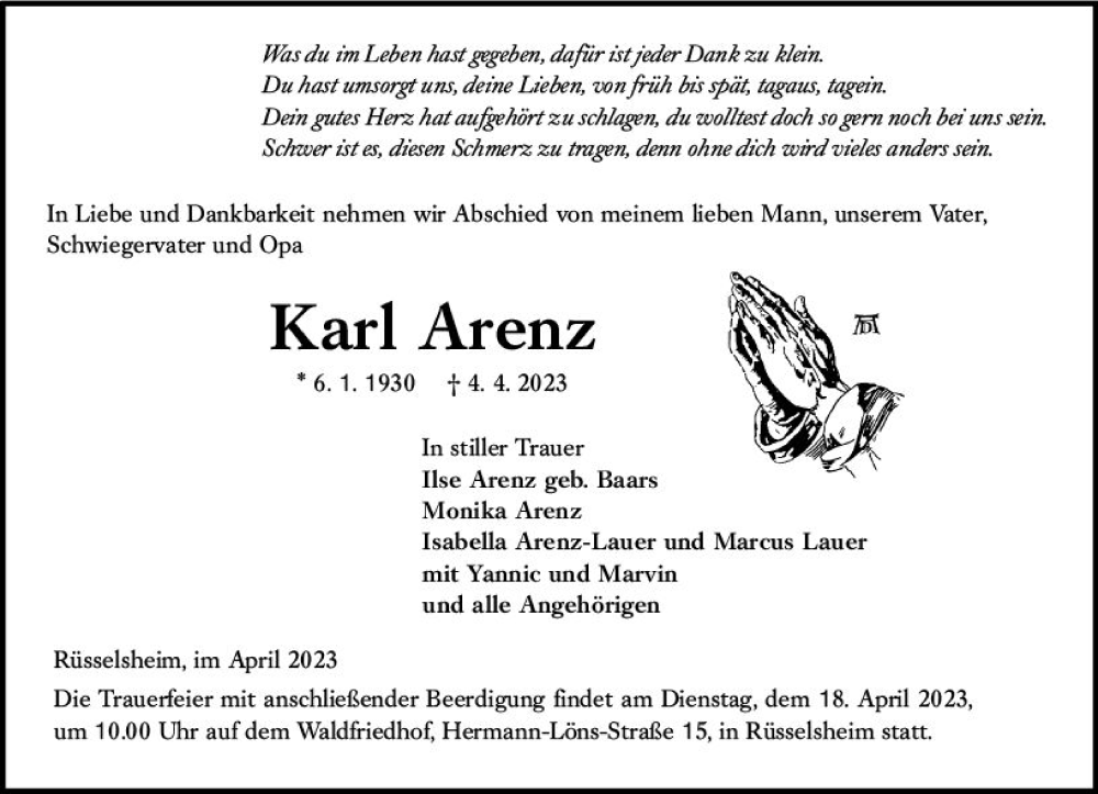  Traueranzeige für Karl Arenz vom 15.04.2023 aus Rüsselsheimer Echo
