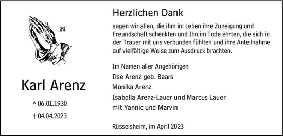 Traueranzeige von Karl Arenz von Rüsselsheimer Echo
