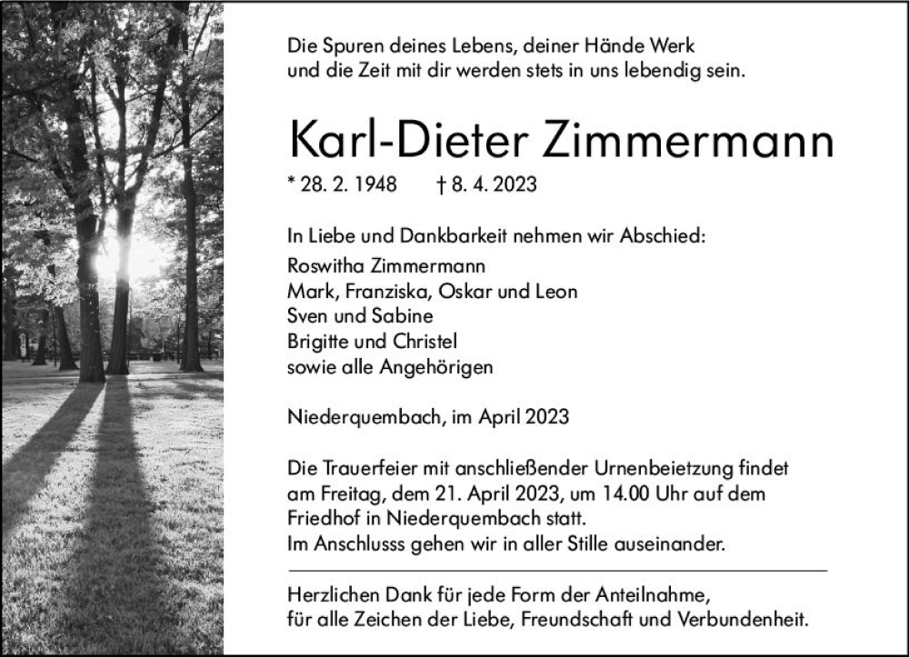  Traueranzeige für Karl-Dieter Zimmermann vom 18.04.2023 aus Wetzlarer Neue Zeitung