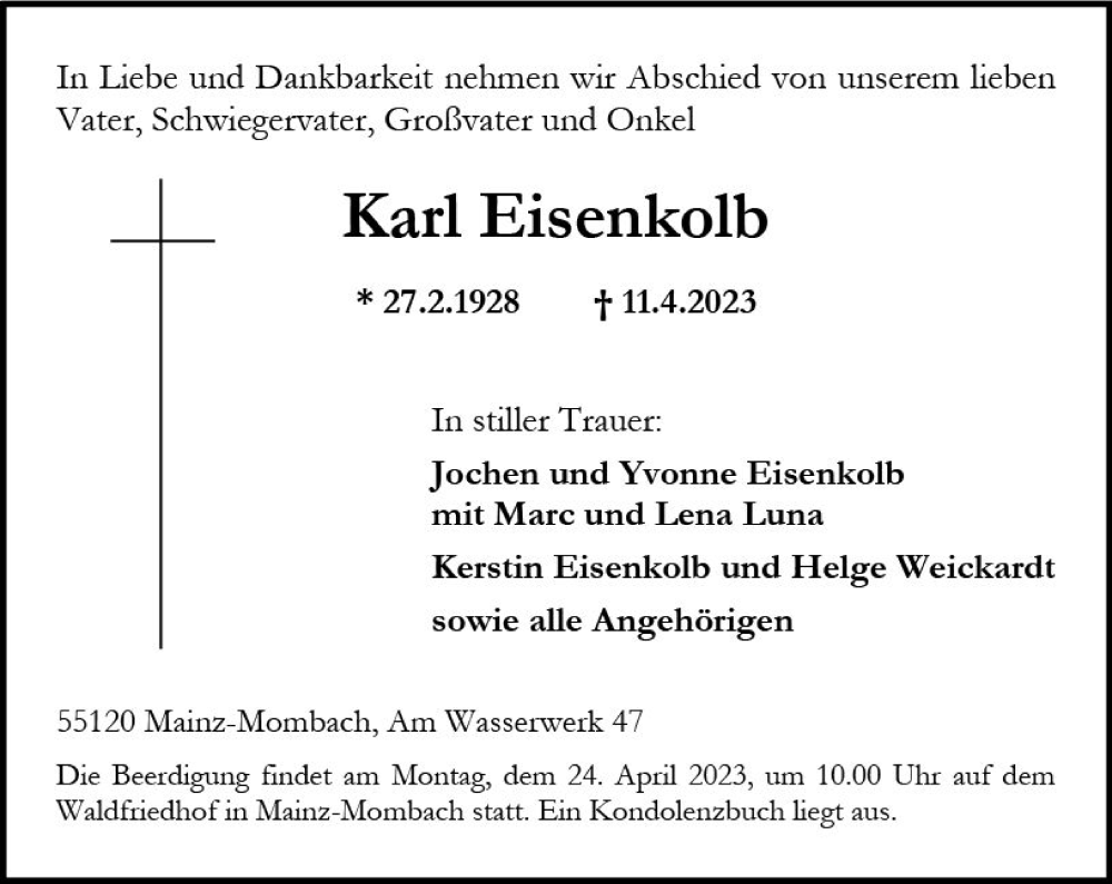  Traueranzeige für Karl Eisenkolb vom 15.04.2023 aus Allgemeine Zeitung Mainz