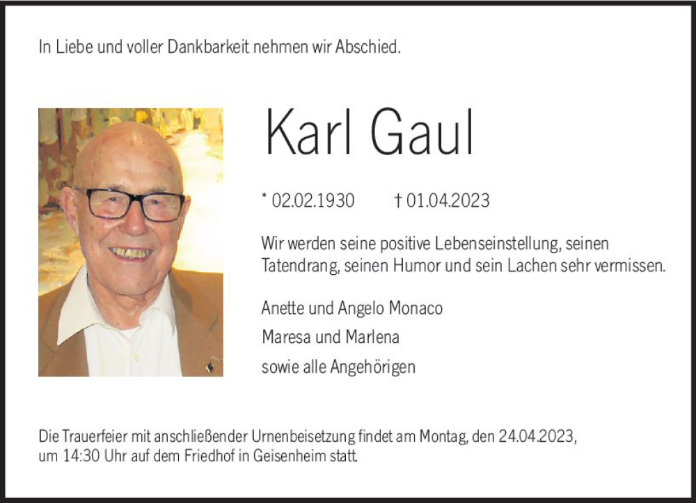  Traueranzeige für Karl Gaul vom 06.04.2023 aus Rheingau Kurier