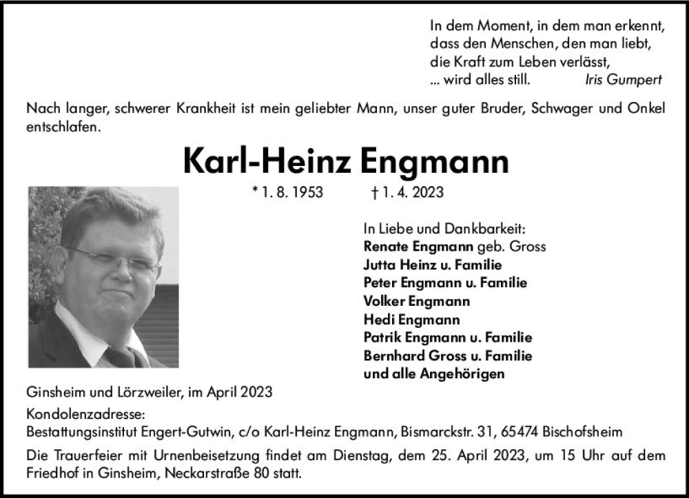  Traueranzeige für Karl-Heinz Engmann vom 15.04.2023 aus Allgemeine Zeitung Mainz