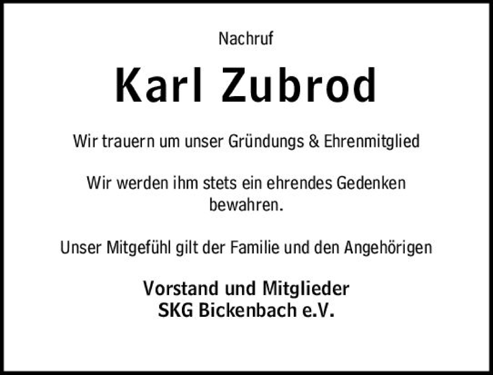  Traueranzeige für Karl Zubrod vom 08.04.2023 aus Darmstädter Echo