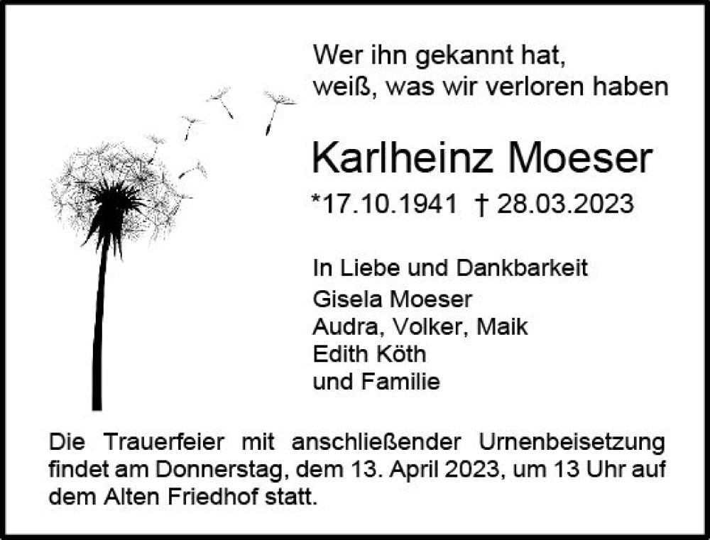  Traueranzeige für Karlheinz Moeser vom 08.04.2023 aus Darmstädter Echo