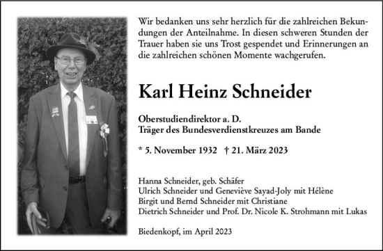 Traueranzeige von Karl Heinz Schneider von Hinterländer Anzeiger