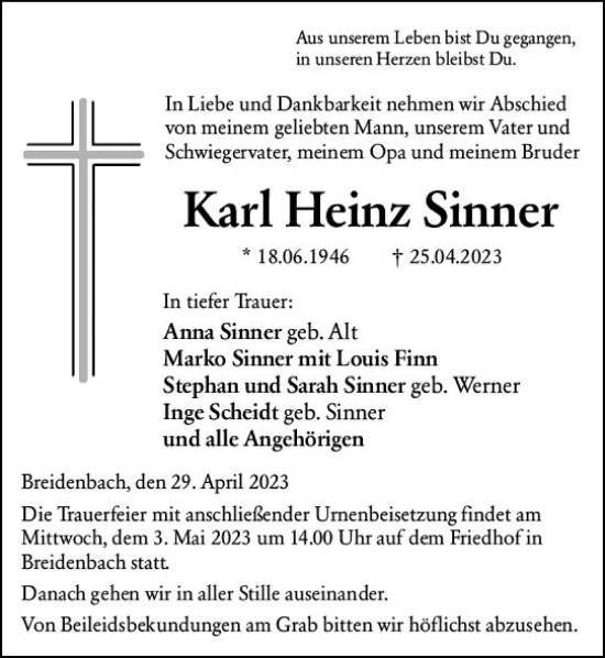 Traueranzeige von Karl Heinz Sinner von Hinterländer Anzeiger