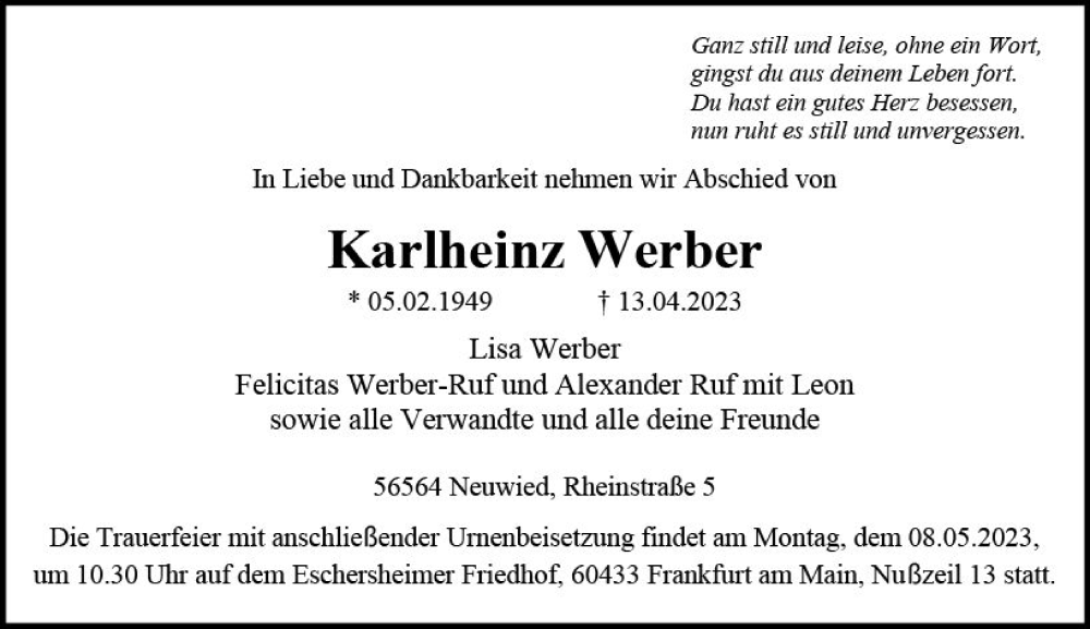  Traueranzeige für Karlheinz Werber vom 29.04.2023 aus Allgemeine Zeitung Mainz