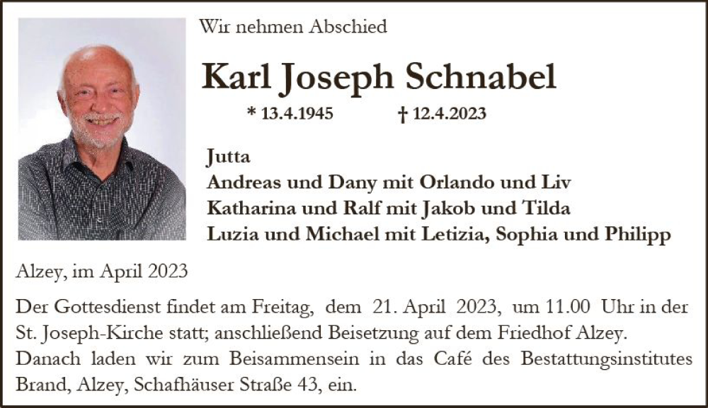  Traueranzeige für Karl Joseph Schnabel vom 15.04.2023 aus Allgemeine Zeitung Alzey