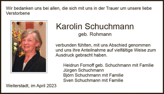 Traueranzeige von Karolin Schuchmann von Darmstädter Echo
