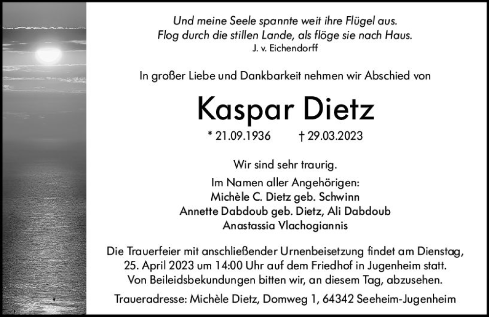  Traueranzeige für Kaspar Dietz vom 15.04.2023 aus Darmstädter Echo