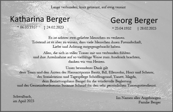 Traueranzeige von Katharina Berger von Wetzlarer Neue Zeitung