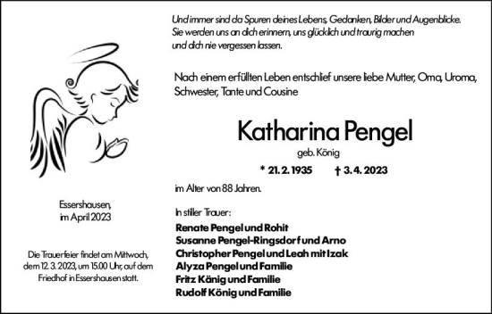 Traueranzeige von Katharina Pengel von Weilburger Tageblatt
