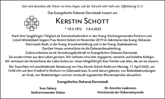 Traueranzeige von Kerstin Schott von Darmstädter Echo