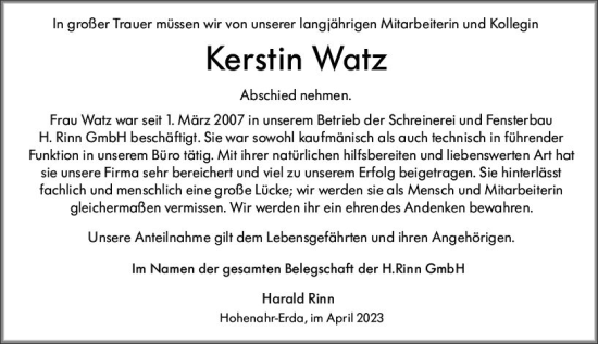 Traueranzeige von Kerstin Watz von Wetzlarer Neue Zeitung