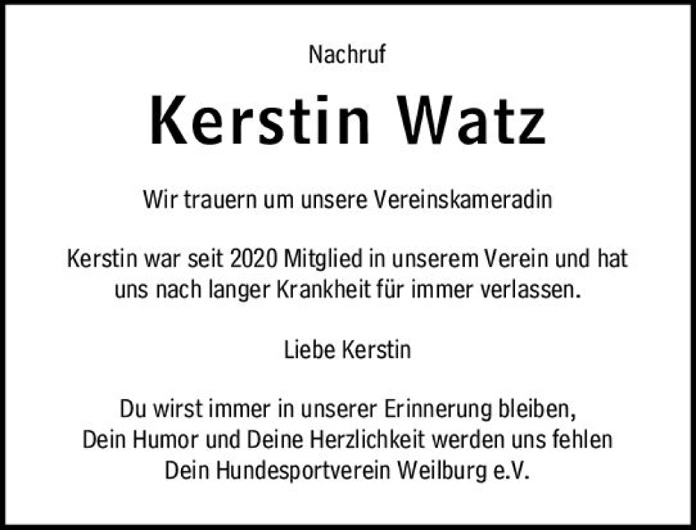  Traueranzeige für Kerstin Watz vom 22.04.2023 aus Weilburger Tageblatt