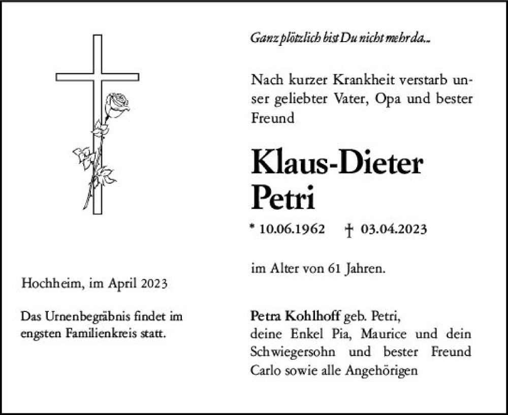  Traueranzeige für Klaus-Dieter Petri vom 06.04.2023 aus Hochheimer Zeitung