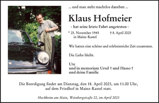 Traueranzeige von Klaus Hofmeier von Hochheimer Zeitung