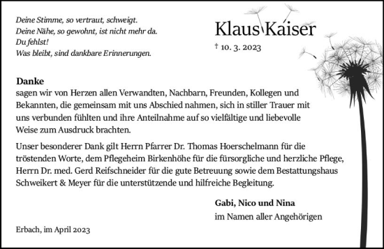 Traueranzeige von Klaus Kaiser von Odenwälder Echo
