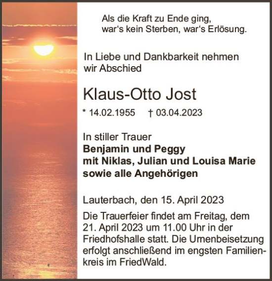 Traueranzeige von Klaus-Otto Jost von VRM Trauer