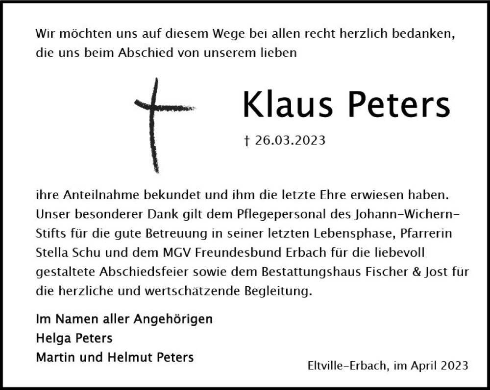  Traueranzeige für Klaus Peters vom 22.04.2023 aus Wiesbadener Kurier