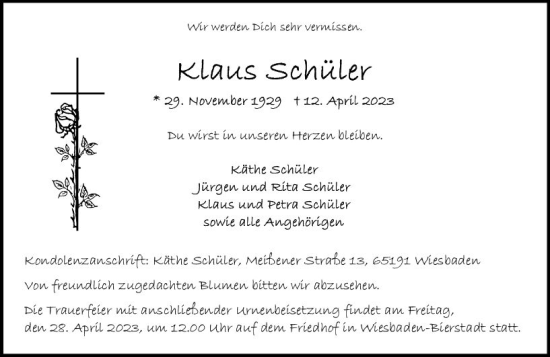 Traueranzeige von Klaus Schüler von Wiesbadener Kurier
