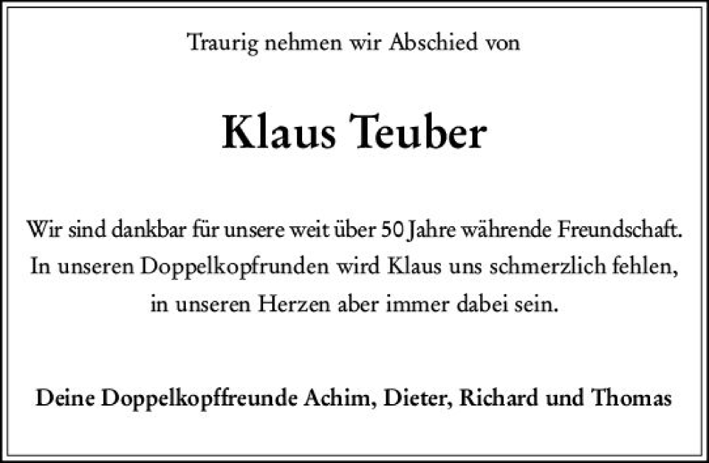  Traueranzeige für Klaus Teuber vom 15.04.2023 aus Darmstädter Echo