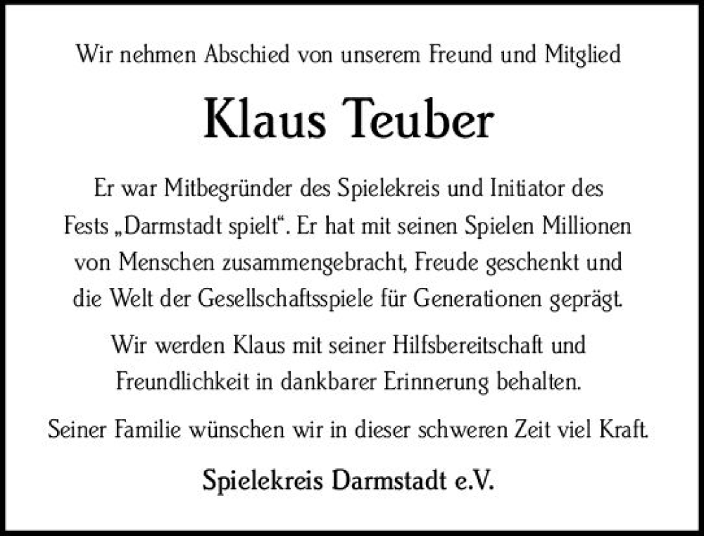  Traueranzeige für Klaus Teuber vom 08.04.2023 aus Darmstädter Echo
