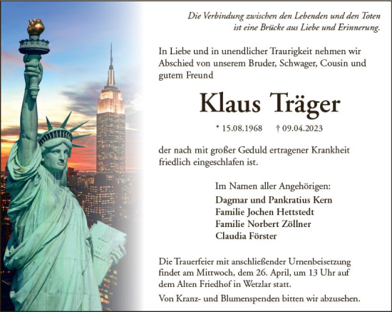 Traueranzeige von Klaus Träger von Wetzlarer Neue Zeitung