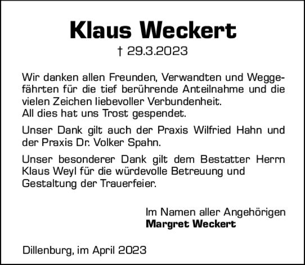  Traueranzeige für Klaus Wecken vom 29.04.2023 aus Dill Block
