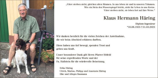 Traueranzeige von Klaus Hermann Häring von Odenwälder Echo