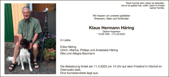 Traueranzeige von Klaus Hermann Häring von Odenwälder Echo