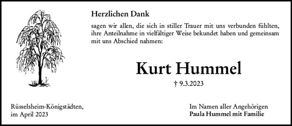  Traueranzeige für Kurt Hummel vom 08.04.2023 aus Rüsselsheimer Echo