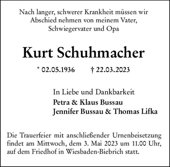 Traueranzeige von Kurt Schuhmacher von Wiesbadener Kurier