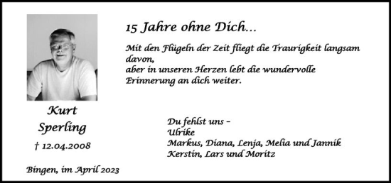 Traueranzeige von Kurt Sperling von Bingen/Ingelheim WOBL inkl. Neue Binger Ztg.