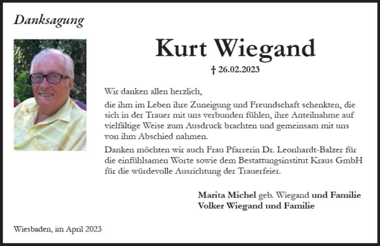 Traueranzeige von Kurt Wiegand von Wiesbadener Kurier