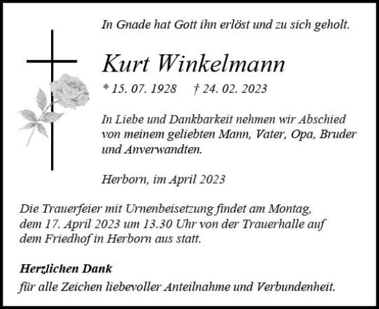 Traueranzeige von Kurt Winkelmann von Dill Block