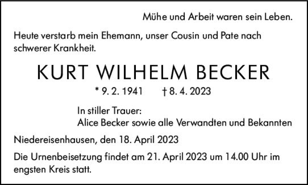  Traueranzeige für Kurt Wilhelm Becker vom 18.04.2023 aus Hinterländer Anzeiger