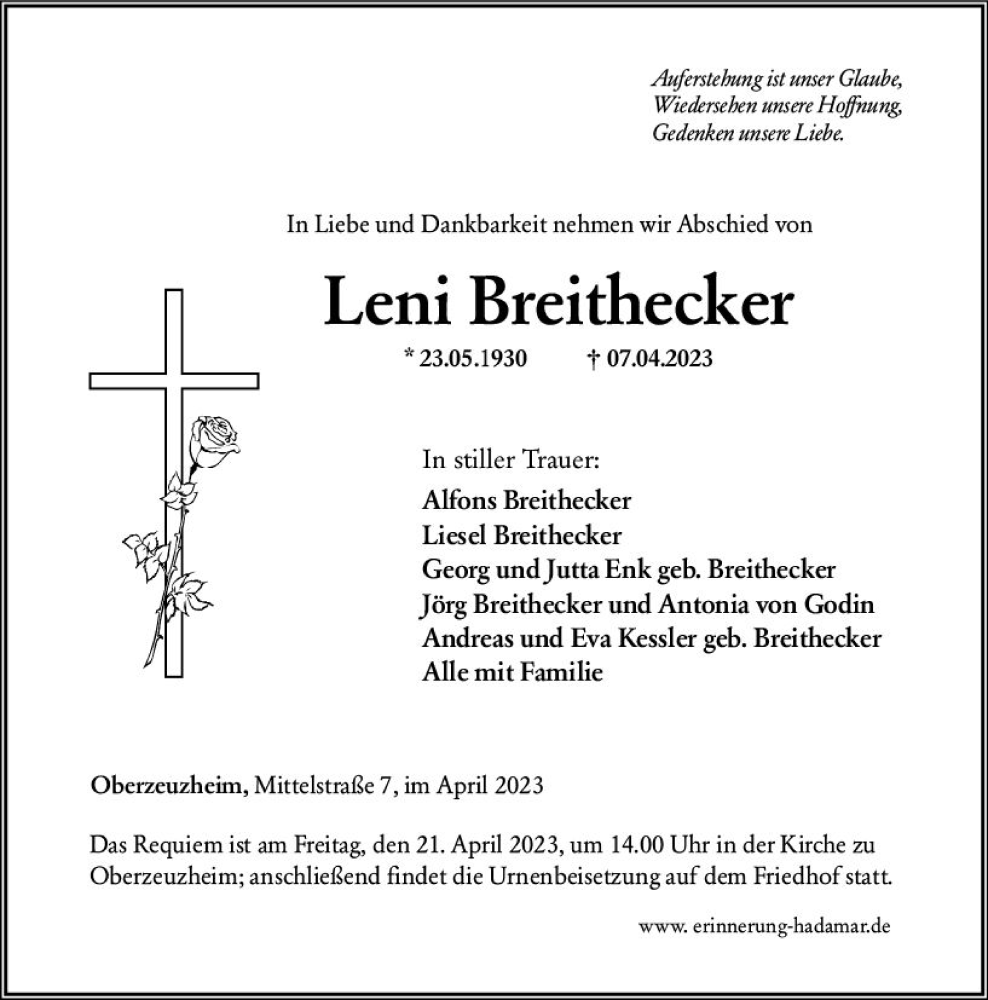  Traueranzeige für Leni Breithecker vom 19.04.2023 aus Nassauische Neue Presse