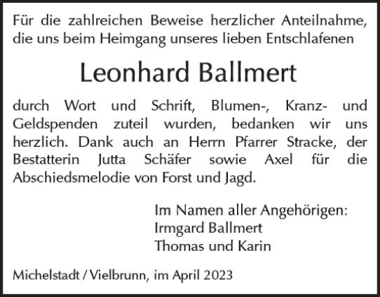 Traueranzeige von Leonhard Ballmert von Odenwälder Echo