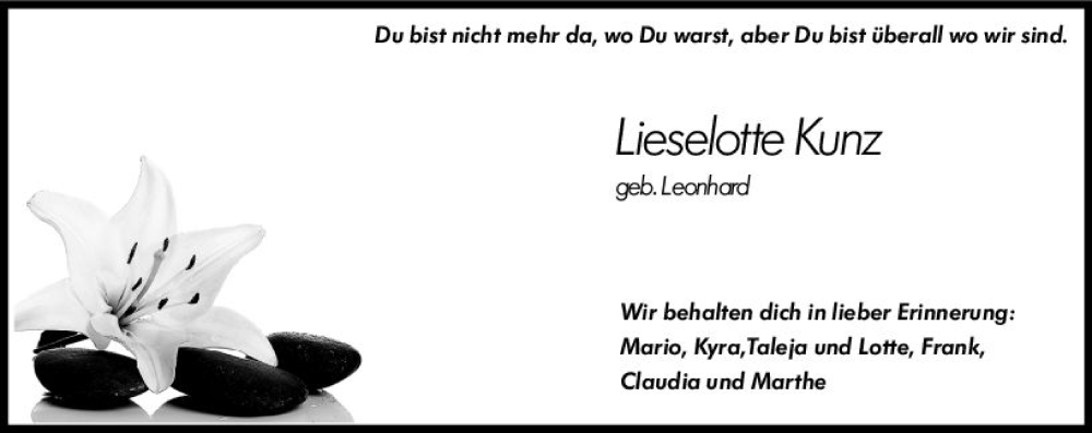  Traueranzeige für Lieselotte Kunz vom 13.04.2023 aus Allgemeine Zeitung Bingen/Ingelheim