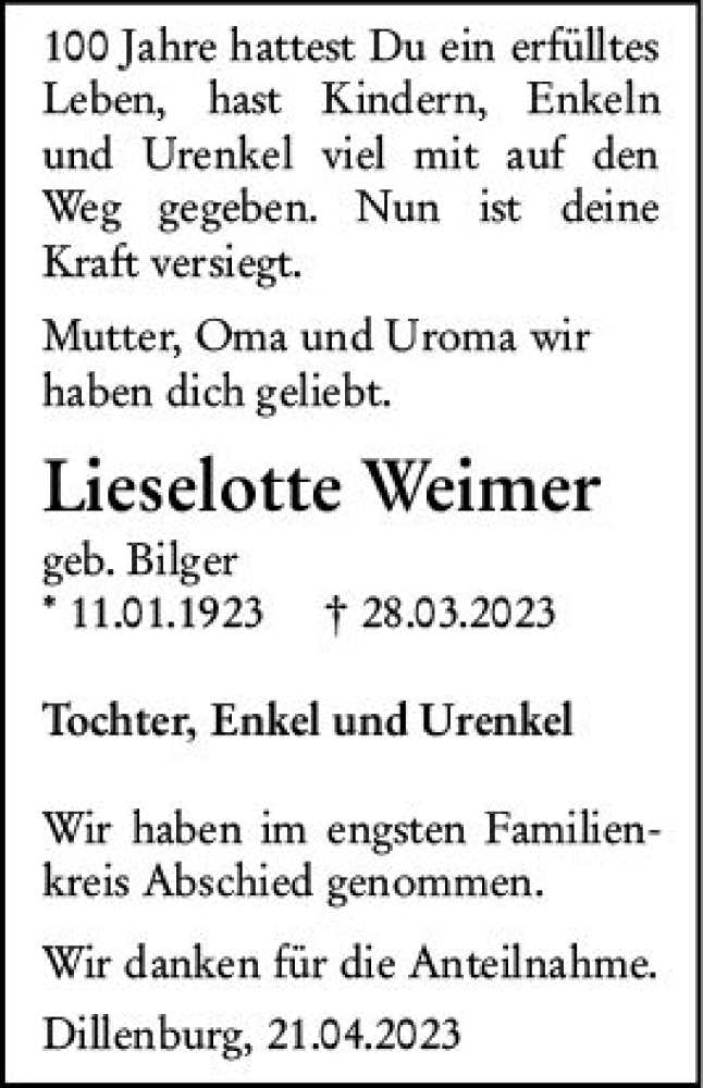  Traueranzeige für Lieselotte Weimer vom 26.04.2023 aus Dill Block