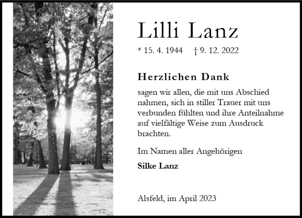  Traueranzeige für Lilli Lanz vom 15.04.2023 aus Oberhessen Kurier