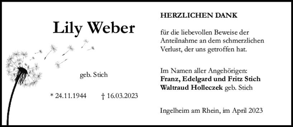  Traueranzeige für Lily Weber vom 15.04.2023 aus Allgemeine Zeitung Bingen/Ingelheim